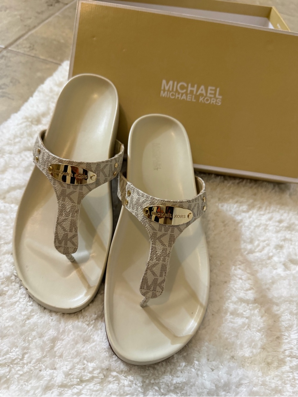 Michael Kors Nude/Beige Logo Thong Sandals with Gold Accent